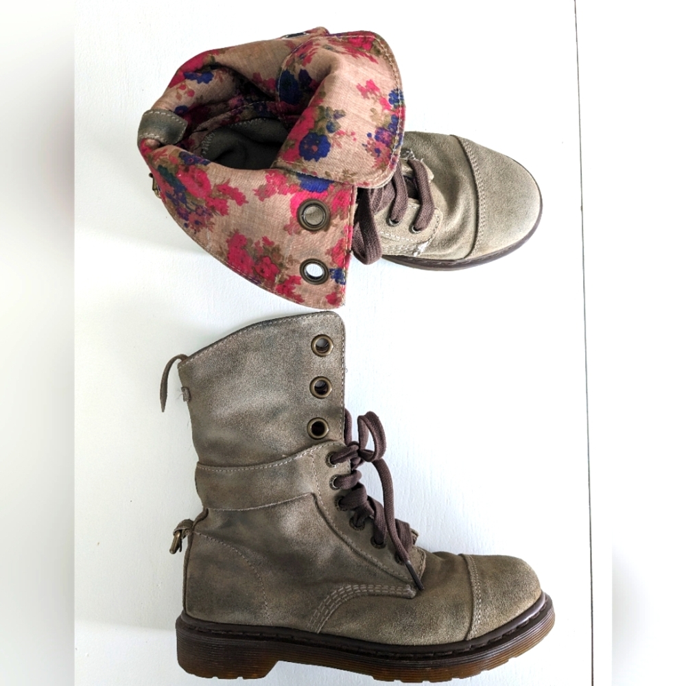 Dr. Martens Tan Combat Boots with Floral Lining